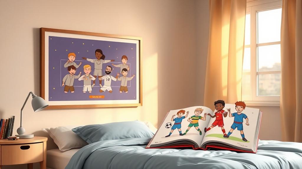 A kid bedroom wall with a framed dream team formation poster next to an open personalized picture book showing the same players as cartoon heroes