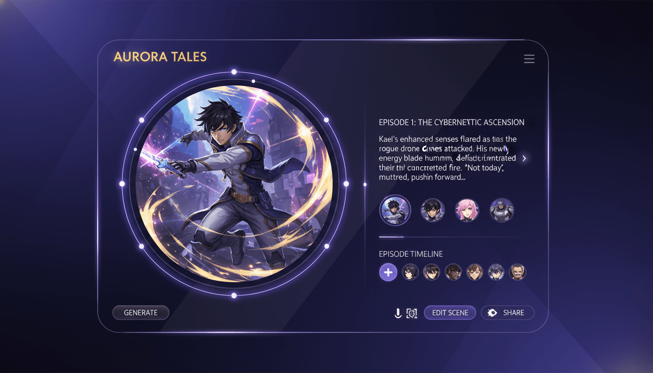 AI anime story generator interface showing an illustrated anime story scene with an original protagonist and an episode timeline