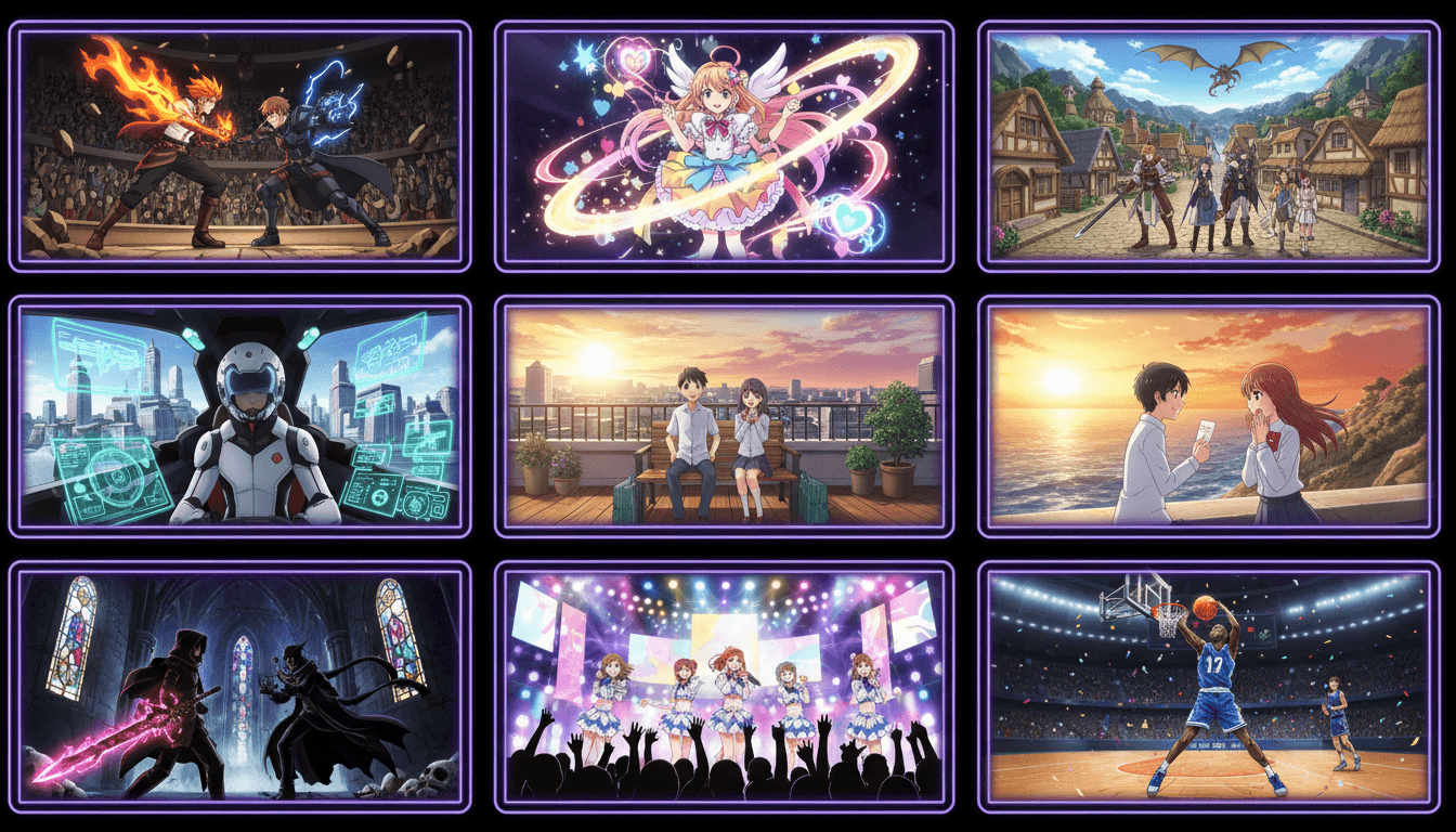 A grid of nine different original anime story scenes across shonen, magical girl, isekai, sci-fi, slice-of-life, romance, dark fantasy, idol and sports genres