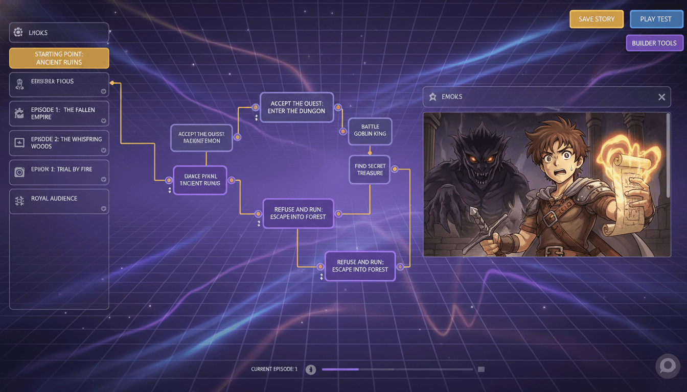 An anime story builder screen with a branching plot, choice cards and an episode list beside a live illustrated panel