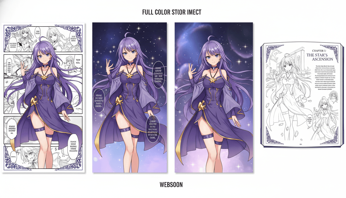 The same original anime character rendered on-model across a manga page, a webtoon scroll, a light-novel insert and an illustrated story spread