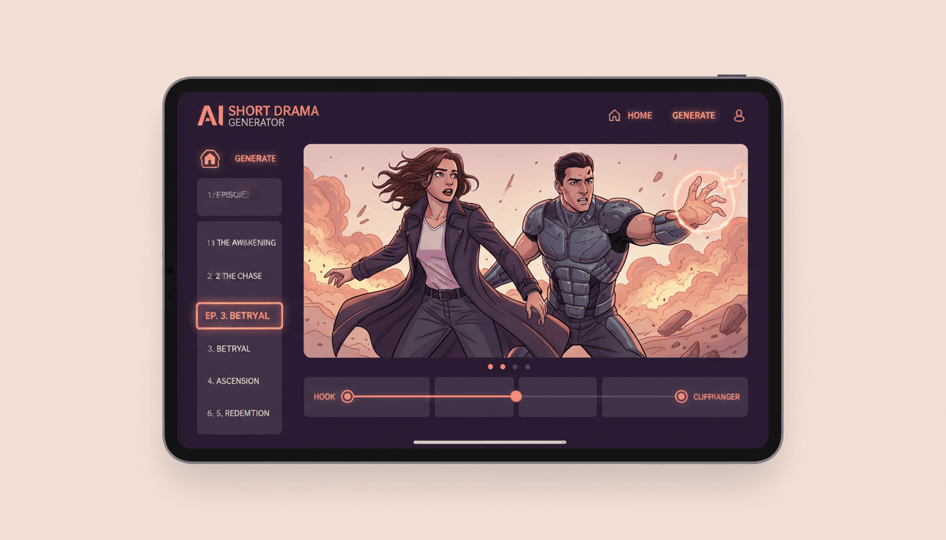 AI short drama generator interface with an episode player, a numbered episode list down the left edge and a beat timeline marked with a hook and a cliffhanger