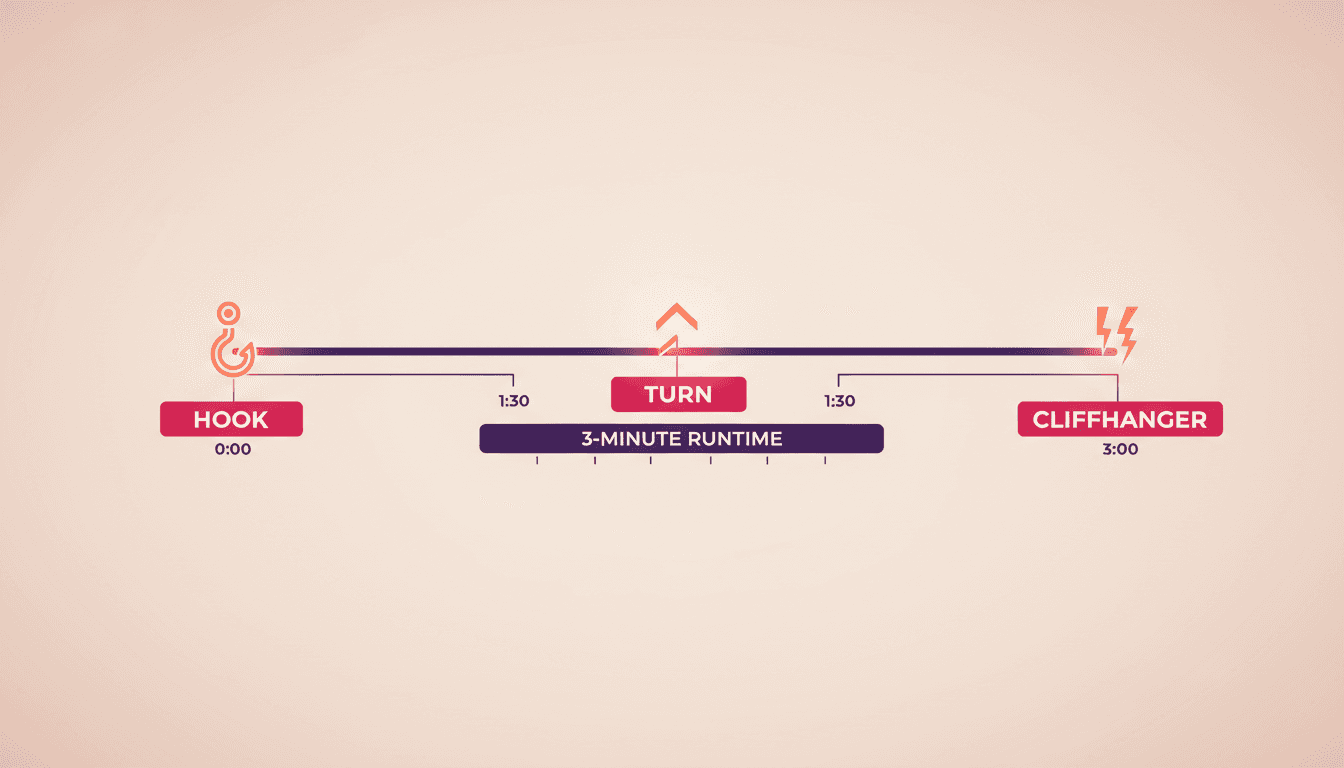 A micro-drama beat sheet with a glowing hook marker in the first seconds, a turn marker in the middle and a cliffhanger marker at the end, above a three-minute runtime bar