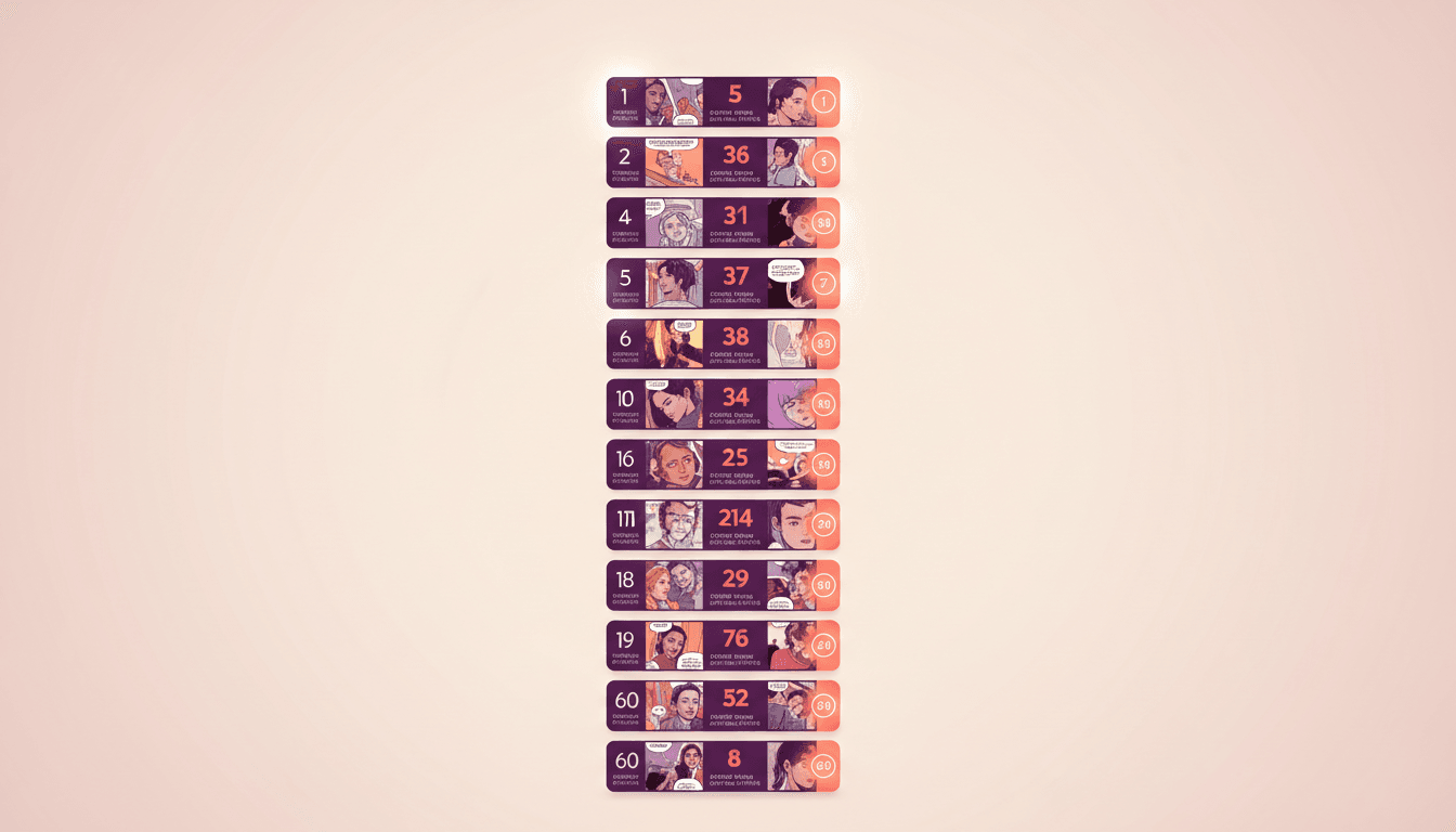 A long vertical column of sixty numbered episode cards descending like a release calendar, the top few glowing as already released