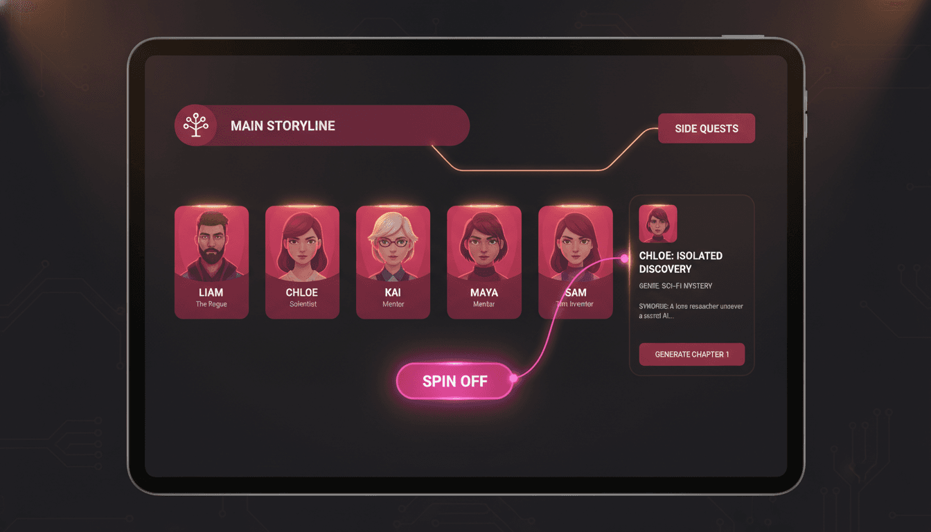 AI spin-off story generator interface where a supporting character is selected and branched off the main story into their own new adventure