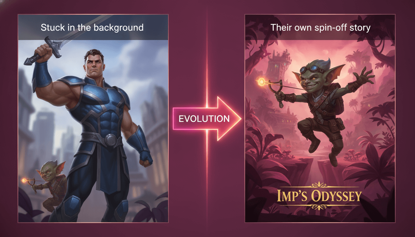 Split screen comparing a side character stuck in the background versus the same character starring front and center in their own spin-off story