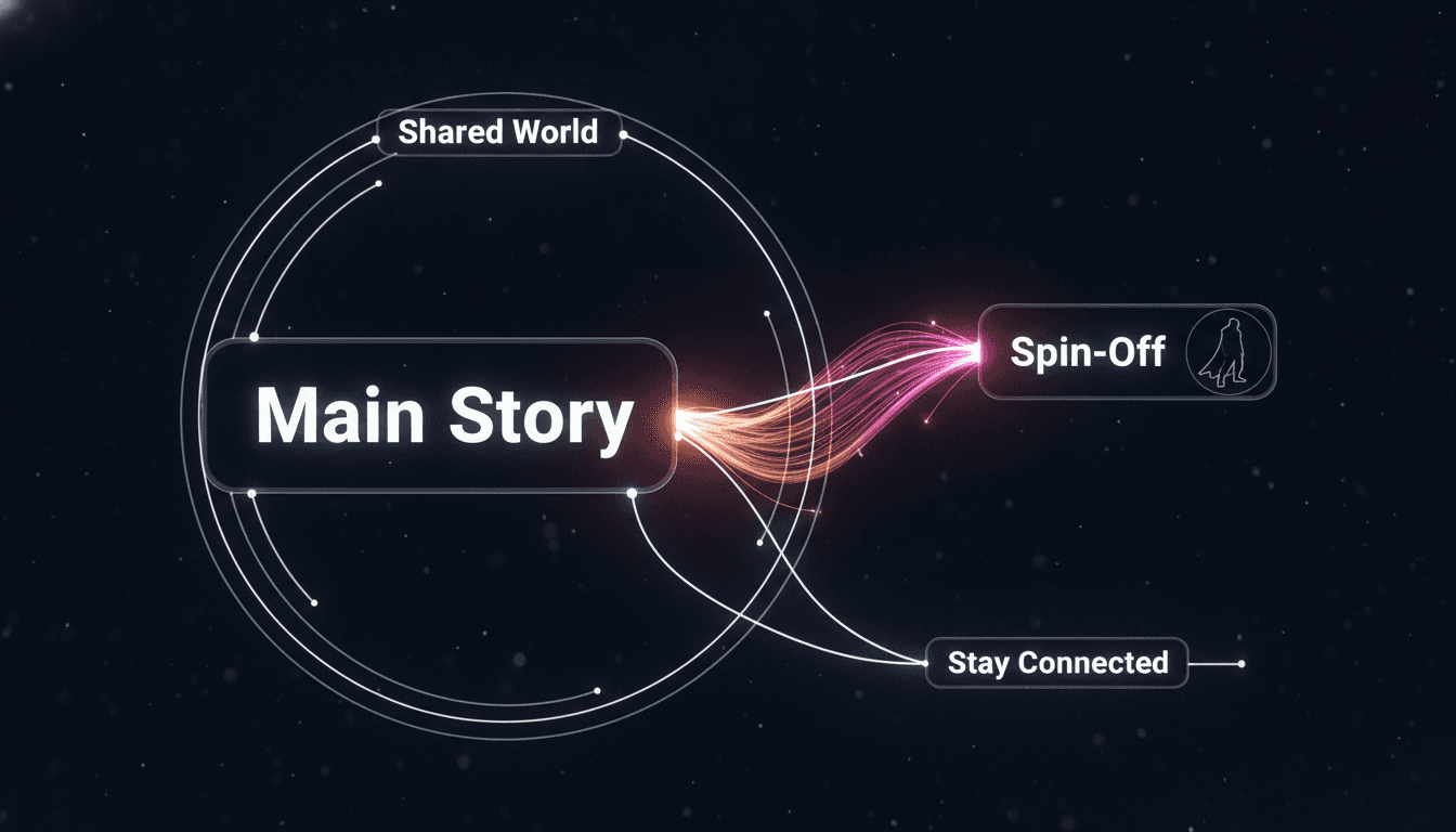 A branching diagram where a main story splits off into a spin-off story that still shares the same world