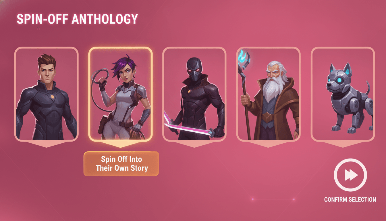 A character-select panel showing cast cards for a hero, sidekick, rival, mentor and pet, with the sidekick chosen to spin off