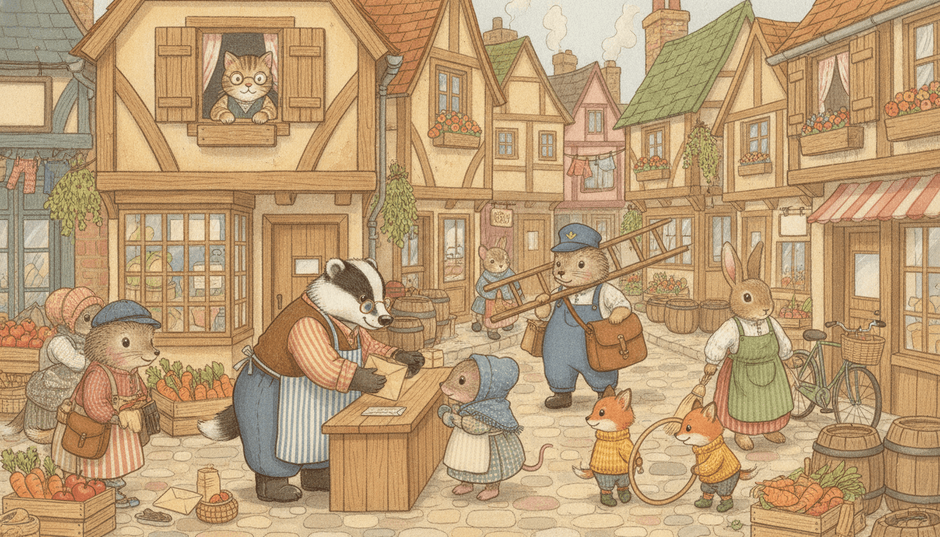 Anthropomorphic animal picture book illustration of a busy timber-framed high street where a badger shopkeeper in a striped apron leans across a wooden counter towards a small mouse in a bonnet, a mole in blue overalls carries a ladder and a postbag past them, a rabbit in a green apron waits beside a bicycle, two fox cubs roll a wooden hoop between the grown-ups and a tabby cat in spectacles watches from an upstairs window, with crates of carrots and apples, barrels and window boxes filling every remaining gap