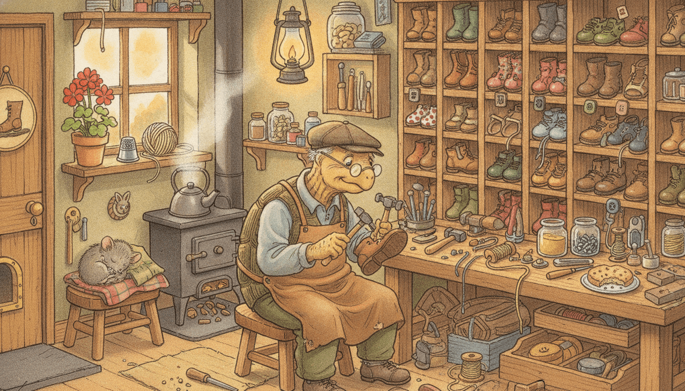 A cramped animal cobbler’s workshop drawn in close-up, with a tortoise in a leather apron tapping a tack into a small boot while every surface around him holds something else to find — pigeonholes of shoes, awls and spools of thread, a kettle, a sleeping dormouse and a cluttered windowsill