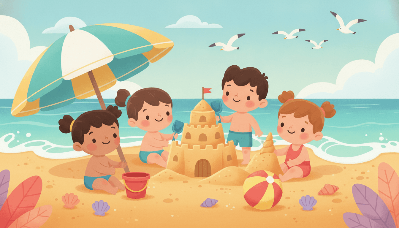 Happy kids building a sandcastle with bucket and spade beside turquoise waves and colorful seashells on a sunny day at the beach in an AI-generated beach story