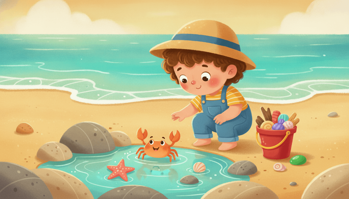A curious child crouching by a sparkling tide pool, discovering a friendly little orange crab, a pink starfish and tiny seashells among the rocks