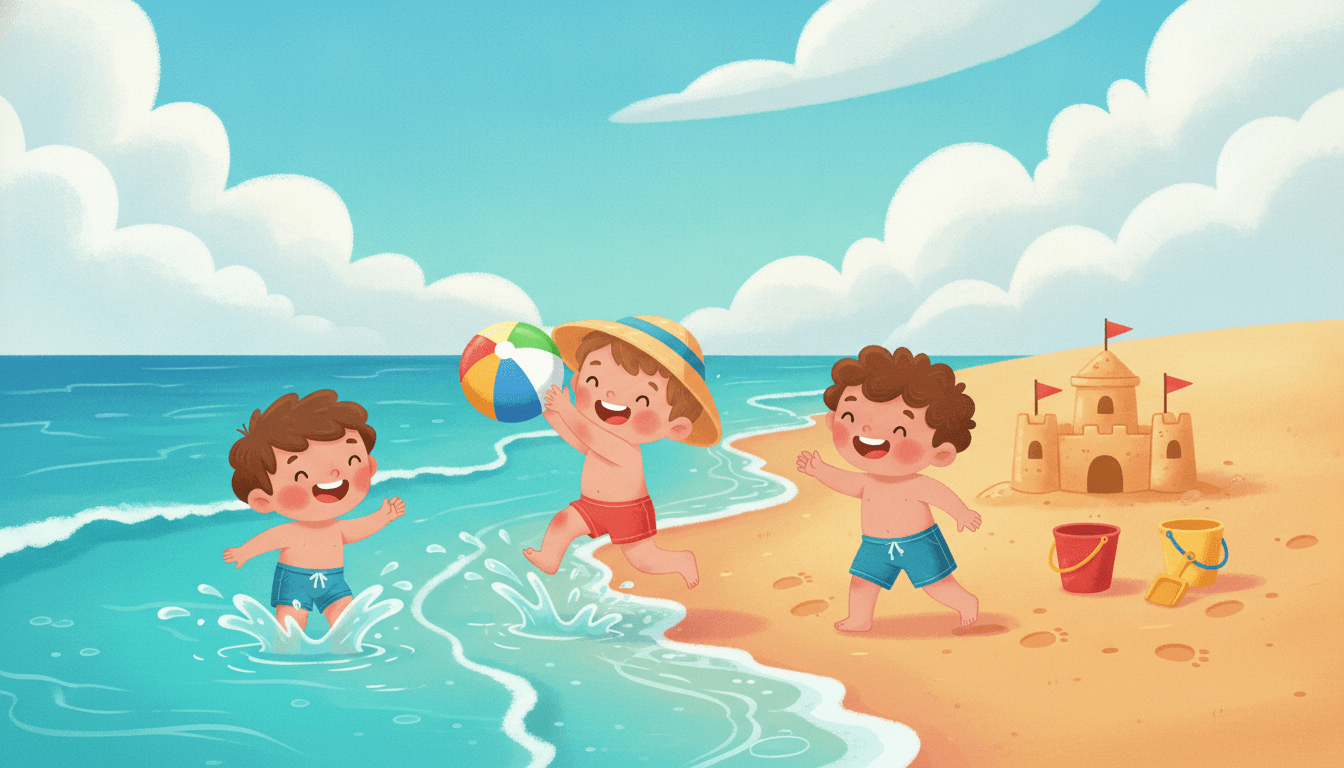 Happy children splashing and paddling in the gentle shallow waves at the edge of the beach with a half-built sandcastle on the golden shore