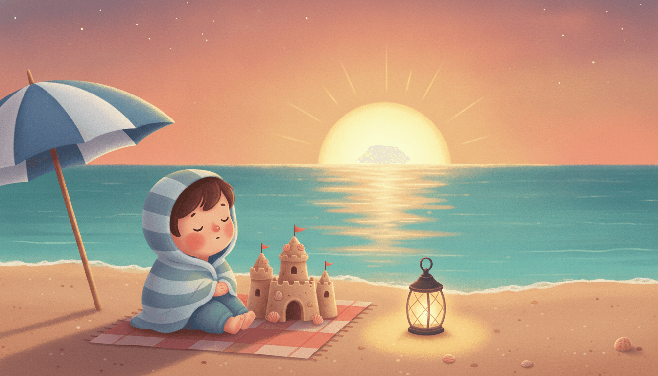 A sleepy child wrapped in a cozy towel beside a finished sandcastle watching a golden sunset over a calm turquoise sea as the first stars appear