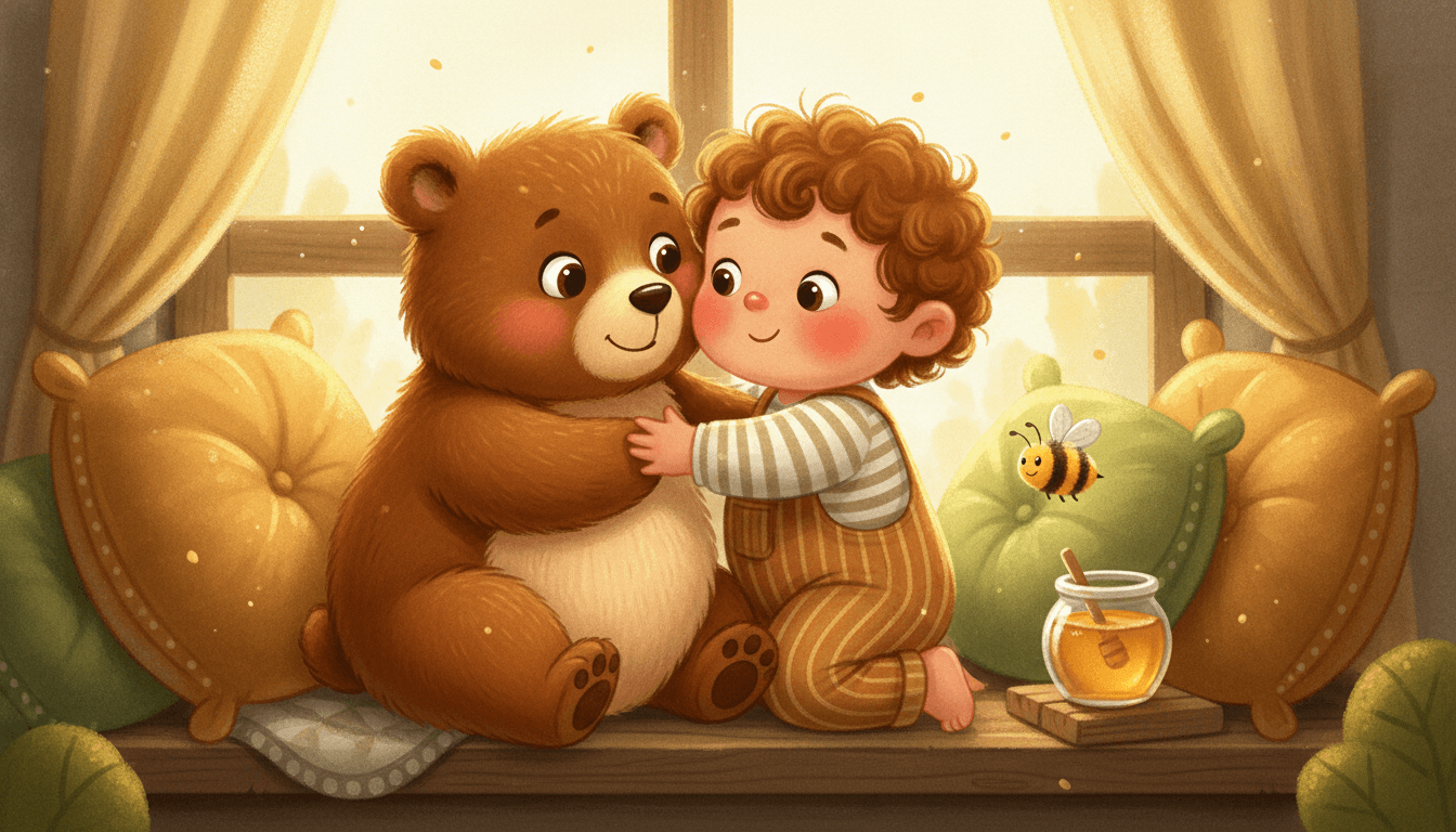A happy little child gently hugging a fluffy friendly brown bear cub with a soft cream tummy in a cozy sunlit nook in an AI-generated bear story
