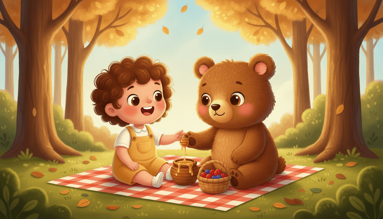 A delighted child sharing a checkered picnic blanket with a fluffy brown bear cub, a basket of berries and a honey pot in a sunny woodland clearing