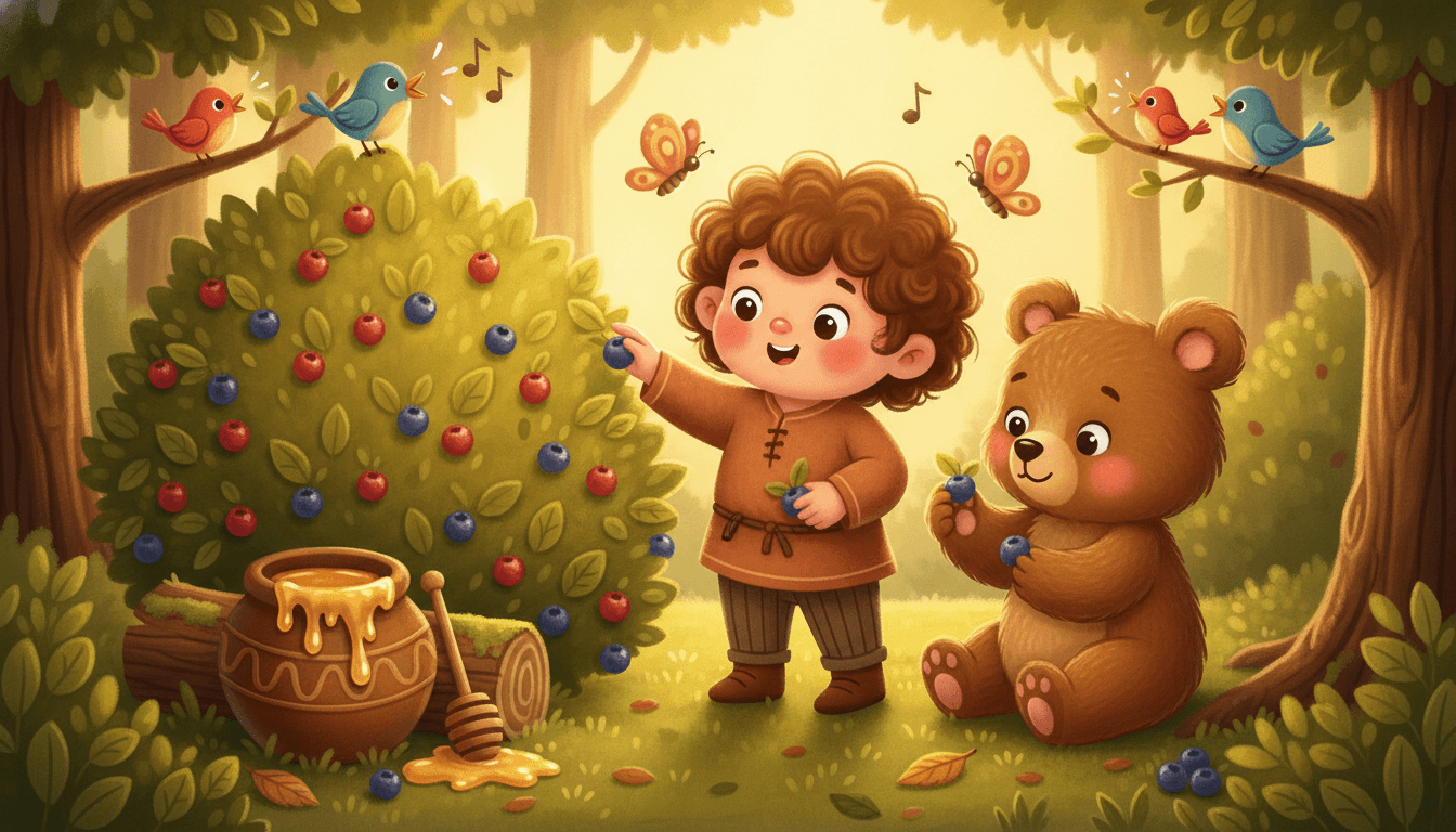 A happy child and a fluffy brown bear cub picking plump berries from a bush together with a honey pot nearby in golden woodland light