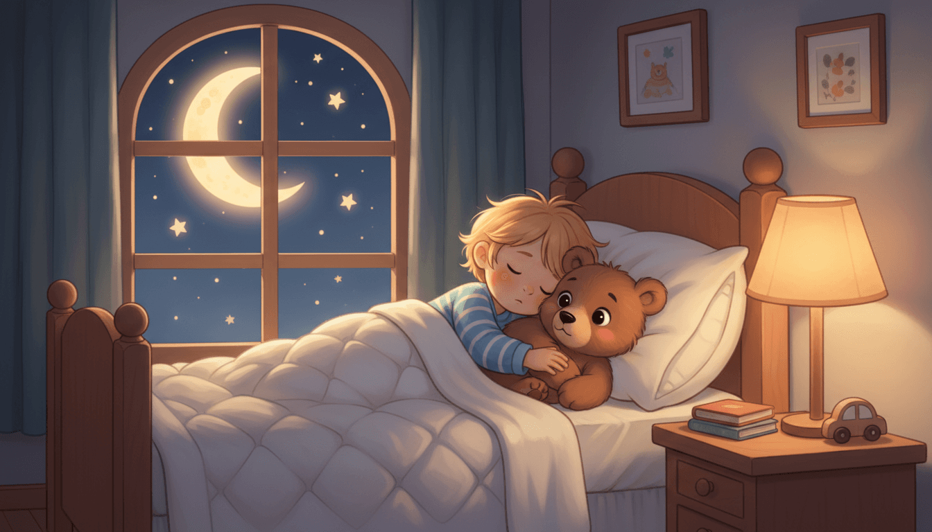 A sleepy little child in pajamas tucked in bed with a fluffy brown bear cub curled up snugly beside them under a glowing crescent moon