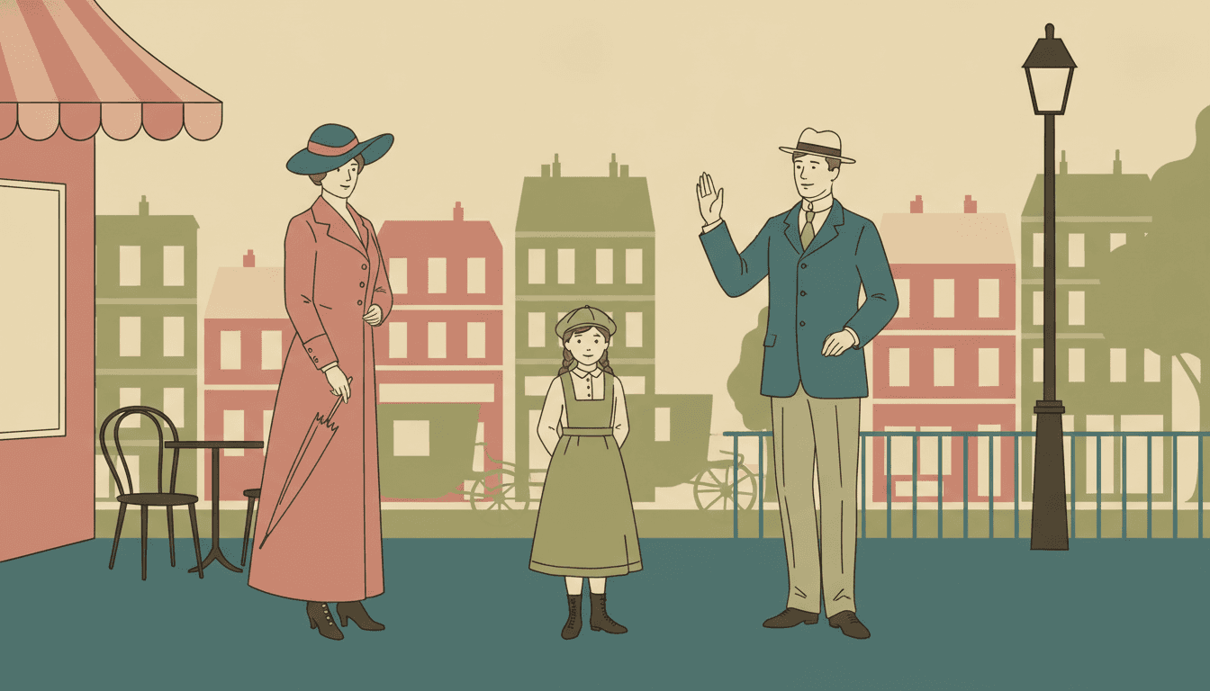 Three flat poster-style figures spread across a muted turn-of-the-century street — on the left a tall woman in a long dusty-rose coat and a wide deep-teal hat holding a closed parasol, in the middle a girl of about eight in an olive pinafore over a cream blouse with her hands behind her back, and on the right a man in a deep-teal jacket and a cream boater with one hand raised in greeting — each described by a single even soft-black outline and filled with one flat colour, standing in front of a row of flat olive and rose building silhouettes with plain cream windows, with a rose-and-cream striped awning in the top left corner and a tall black lamp post at the right, on a flat cream sky above a flat deep-teal pavement