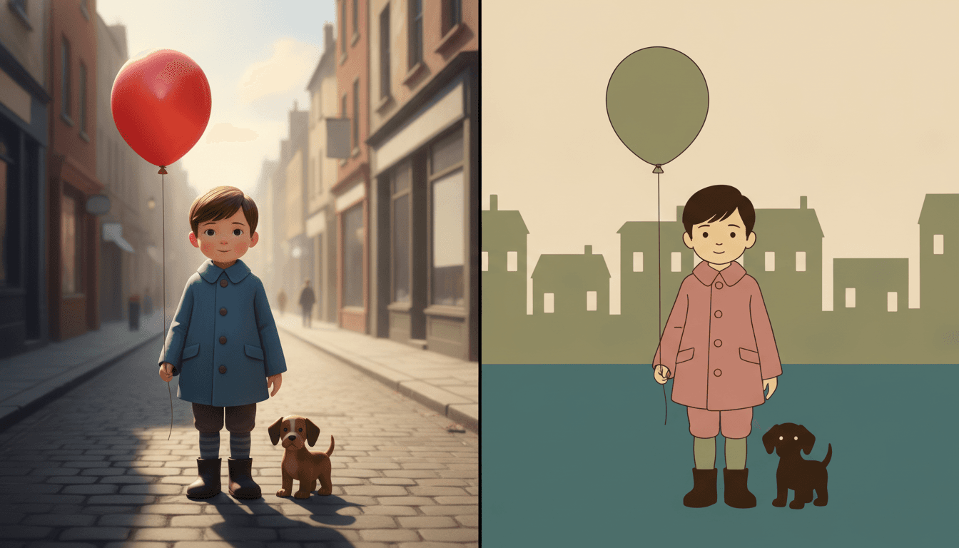 One frame split down the middle by a straight black line, showing the same boy with the same dog and the same balloon drawn two ways: on the left a fully rendered three-dimensional illustration where a cobbled street recedes away behind him to a vanishing point with the buildings shrinking and fading into haze, strong afternoon sunlight falls from one side, his blue coat carries smooth gradient shading and creased folds, his hair is drawn in individual strands, his red balloon has a glossy white highlight and a long dark shadow stretches from his boots across the paving; on the right the same boy redrawn flat, standing on two plain bands of colour — a cream sky and a deep-teal pavement — in front of a row of flat olive house silhouettes all drawn at the same size with no distance behind them, his coat one flat block of dusty rose described by a single even outline, his balloon one completely matte olive circle with no shine, and no shadow, no gradient and no texture anywhere