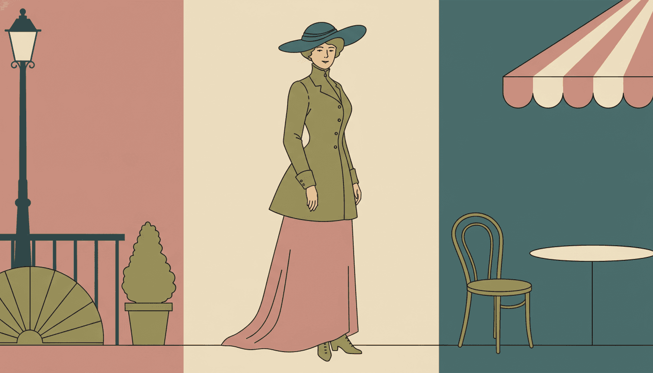 A frame divided into three flat vertical fields — dusty rose on the left, warm cream in the middle, deep teal on the right — with one woman standing in the middle cream field, drawn almost entirely by one long unbroken contour of even weight that runs from the brim of her wide flat teal hat down her shoulder, along her arm and all the way to the hem of her enormous flat dusty-rose skirt, her coat a single block of muted olive with no shading inside it at all; in the rose field at the left stand a black lamp post, a row of plain railings, a flat olive fan shape and a small clipped shrub in a pot, and in the teal field at the right a rose-and-cream striped awning, a bentwood chair drawn as a few clean curves and a plain round cream table top with nothing on it