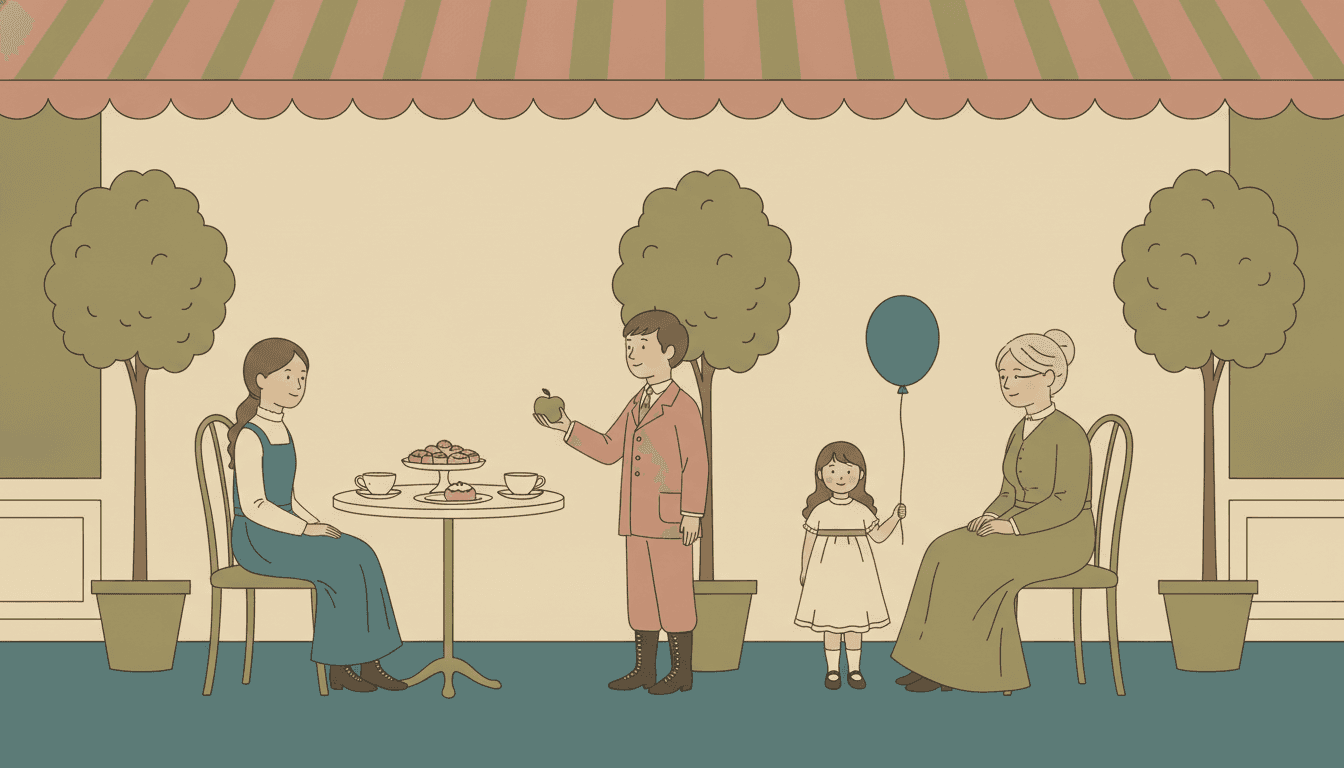 A daytime café terrace built entirely from flat shapes — a wide olive-and-rose striped awning running the full width along the top, a blank cream wall behind, a deep-teal floor band below and four flat olive trees in pots standing evenly along the wall — with four figures spread across the frame: an older girl in a deep-teal pinafore seated on an olive bentwood chair at a plain round cream table holding two cups and a stand of small cakes, a boy in a dusty-rose jacket standing and offering a flat olive apple on his open palm, a small girl in a cream dress holding a deep-teal balloon on a single straight string, and a grandmother with white hair in a long muted-olive dress seated on a second chair with her hands in her lap, every one of them drawn with the same even soft-black outline and filled with one flat colour