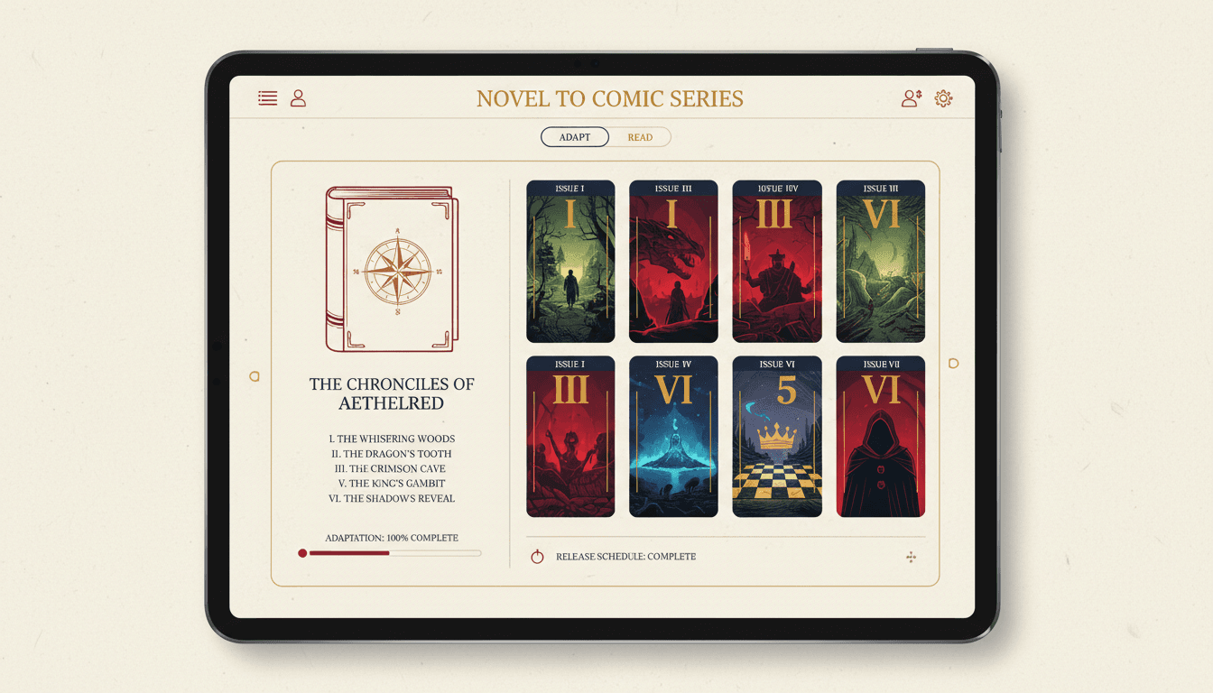 Book to comic series interface showing a novel and its chapter list on the left and a numbered run of six comic issue covers on the right