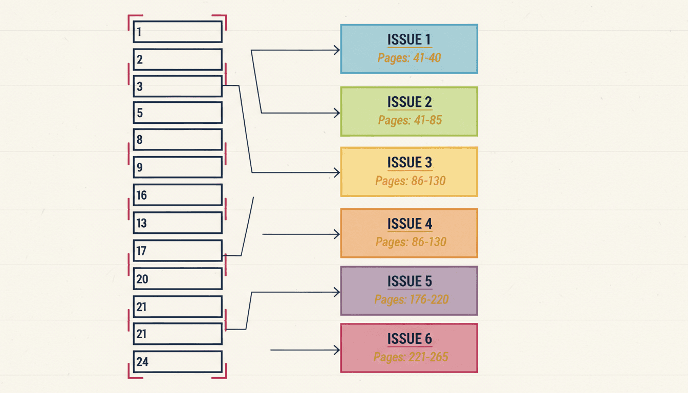 An issue map turning a book's twenty-four chapters into six numbered comic issues, each with its own page budget