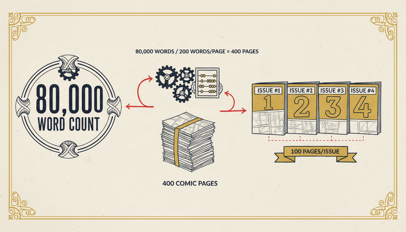 A page budget diagram flowing from a manuscript word count through a page count to a row of numbered comic issues