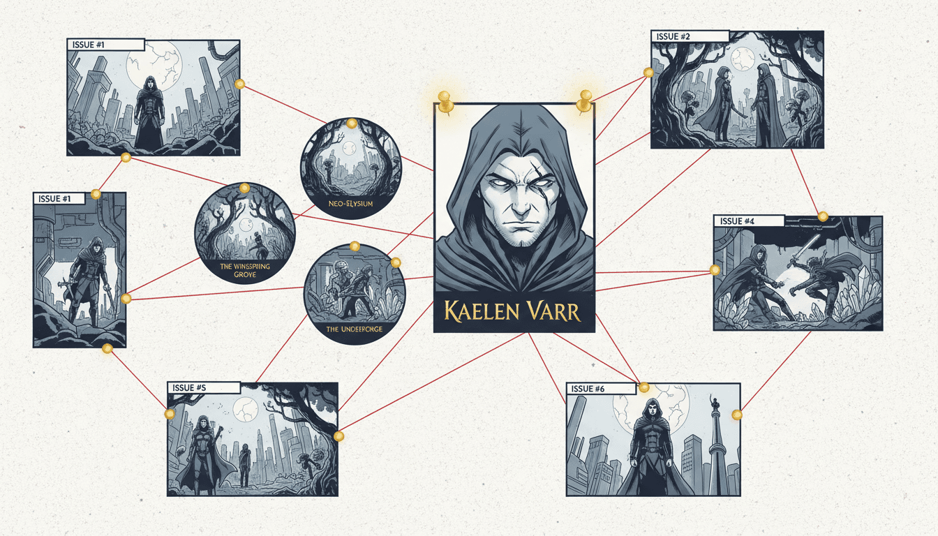 A continuity board with a character model card and location cards threaded out to six numbered issue thumbnails