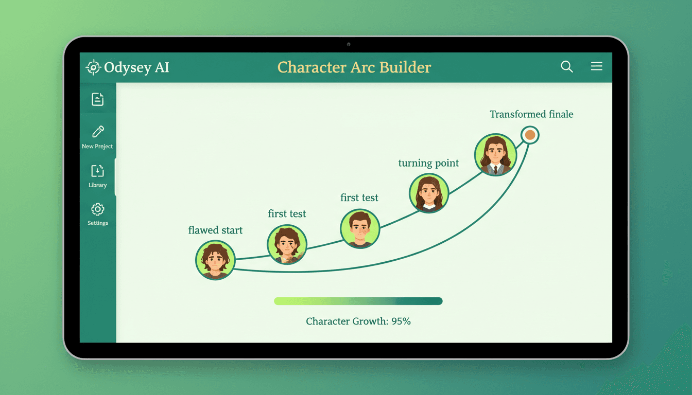 AI character arc builder interface showing a rising growth arc with labeled milestone beats and the same on-model character at each node
