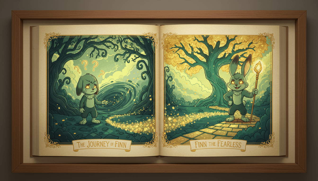 A finished spread of illustrated story pages showing a character growing from doubt to courage