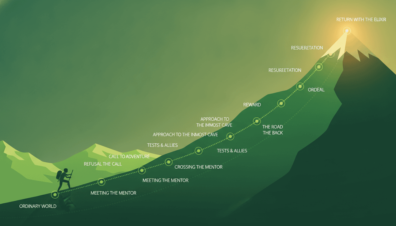 A character growth arc drawn as a rising curve over a story timeline with milestone markers along the climb