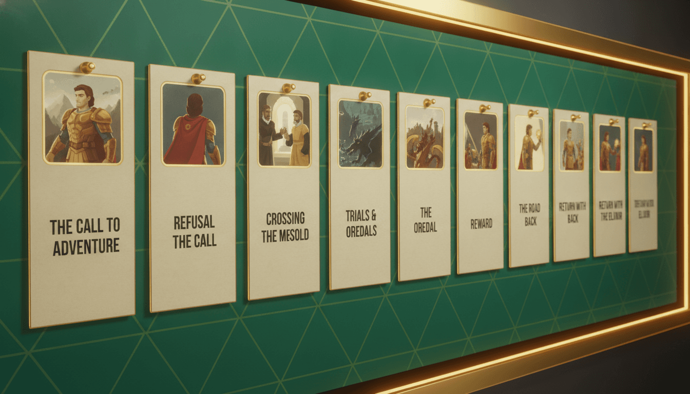 A row of milestone beat cards laid out as a character development plan across a planning board