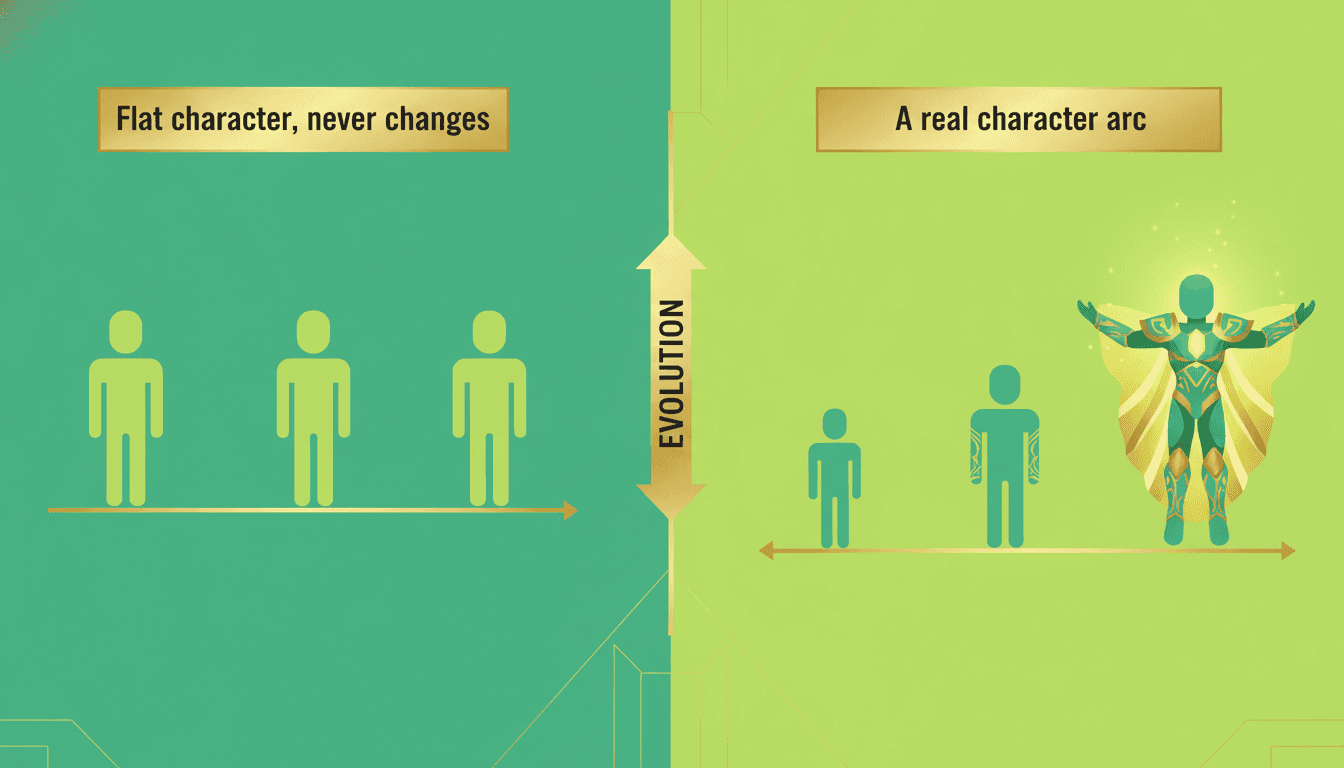 Split screen comparing a flat character who never changes versus a real character arc that grows across the timeline