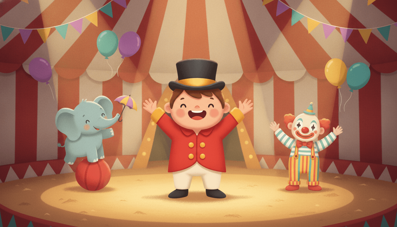 A happy child dressed as a tiny ringmaster in a red coat and top hat standing in the center ring of a colorful big-top tent with a friendly elephant and a waving clown in an AI-generated circus story