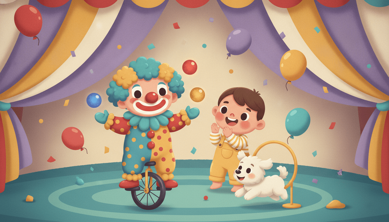 A friendly clown with a red nose juggling colorful balls on a unicycle while a happy child claps and a small dog jumps through a hoop inside a circus tent