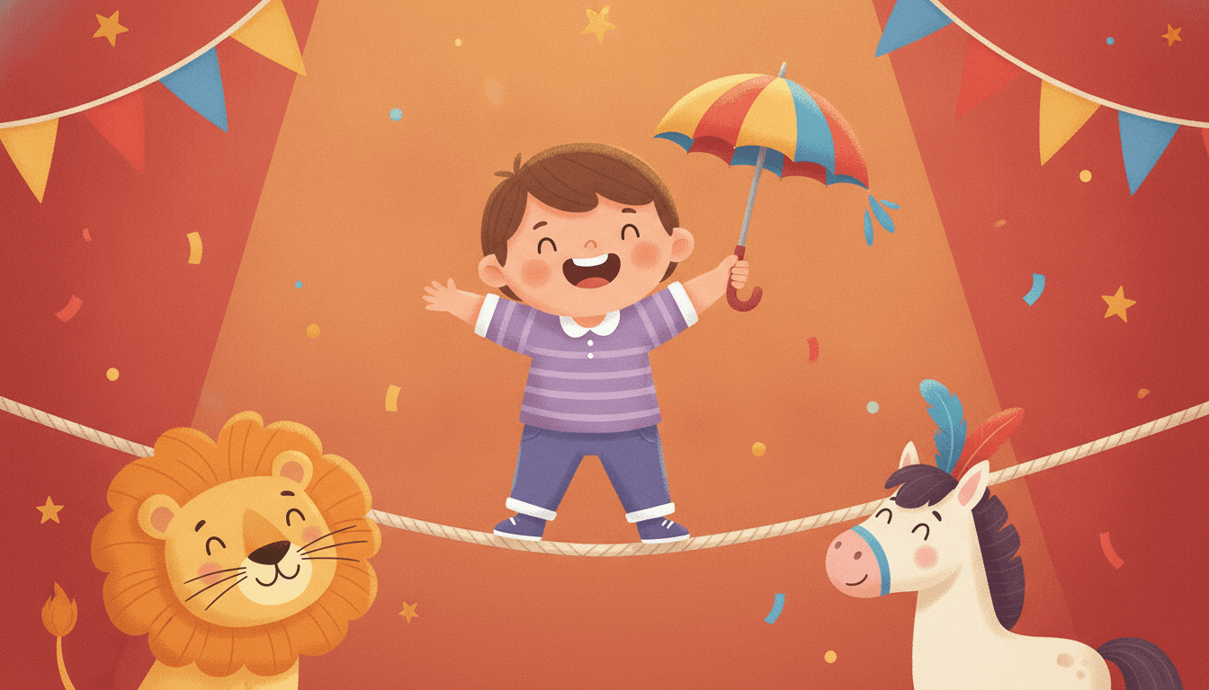 A cheerful child walking carefully along a tightrope with a little umbrella for balance while a gentle lion and a pony watch admiringly below