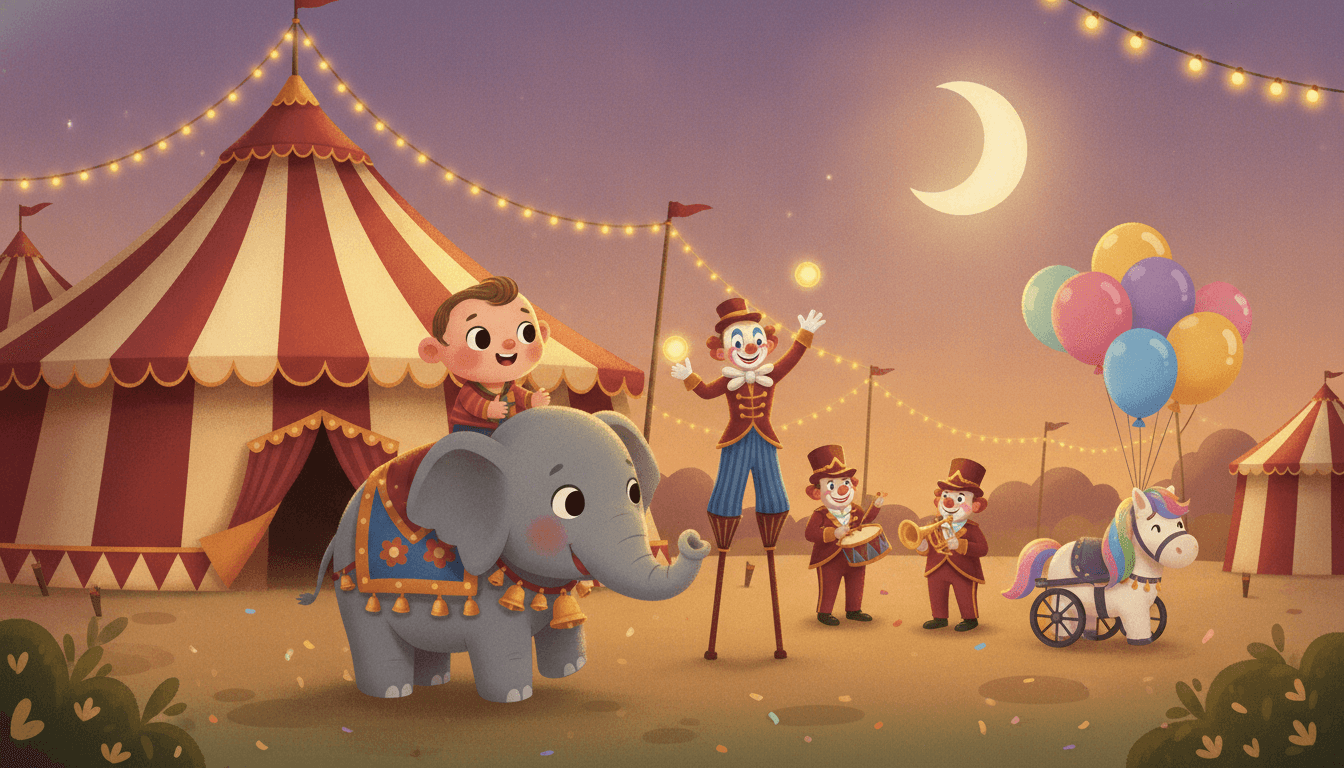 A colorful circus parade at dusk with a child riding a friendly decorated elephant, a clown on stilts, and musicians under glowing string lights