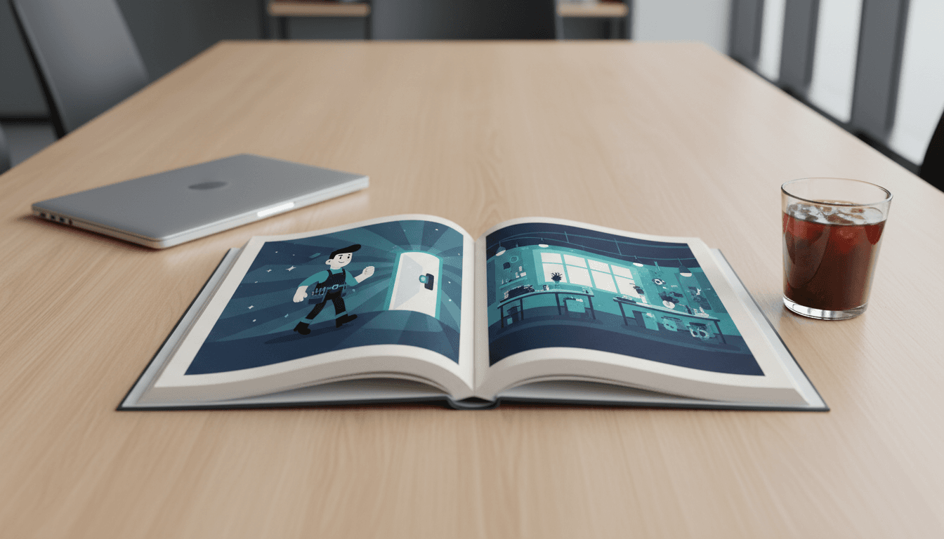 An open illustrated company story book on a clean meeting-room table beside a closed laptop and a cold coffee, its pages showing a flat-illustrated character walking into a bright workshop