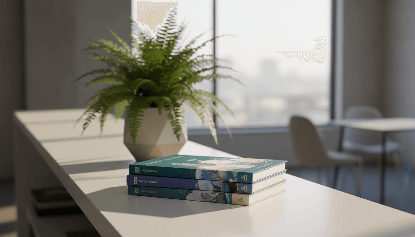 Four slim illustrated company books stacked on a clean reception desk, each with a differently coloured teal, indigo, slate and cream spine