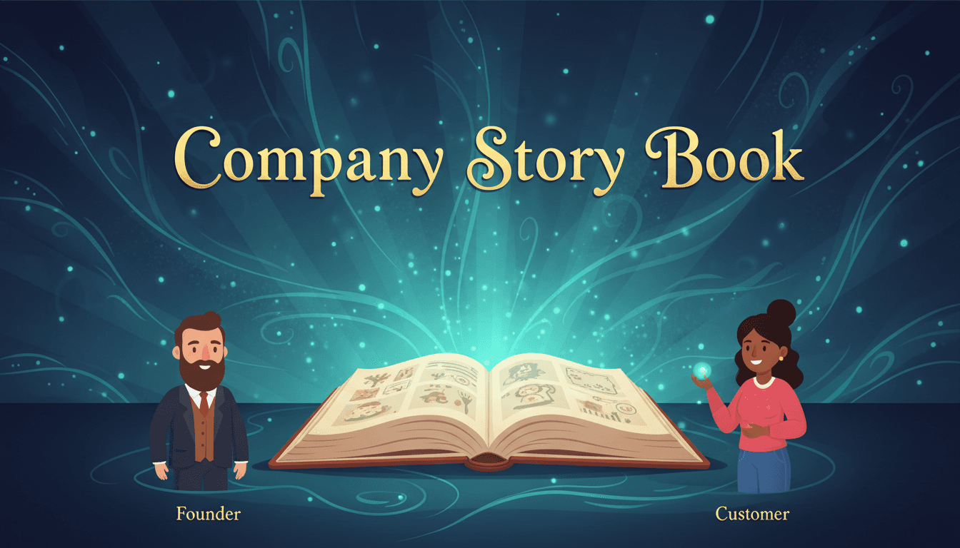 A header banner reading Company Story Book with an open illustrated book at its centre and small drawn figures of a founder and a customer at the lower corners