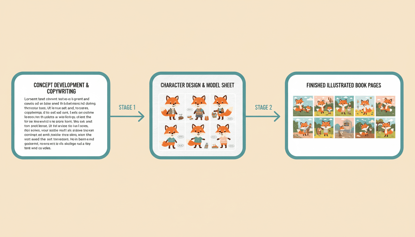 The Workflow — an illustrated example page for a company story book showing copy in, pages out