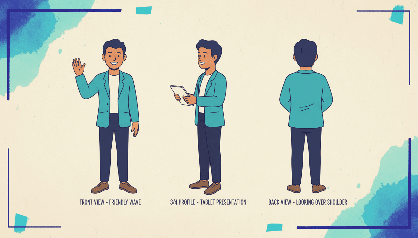 The Cast — an illustrated example page for a company story book showing one customer, on model
