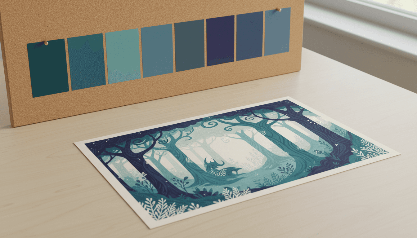 The Palette — an illustrated example page for a company story book showing brand colours, requested