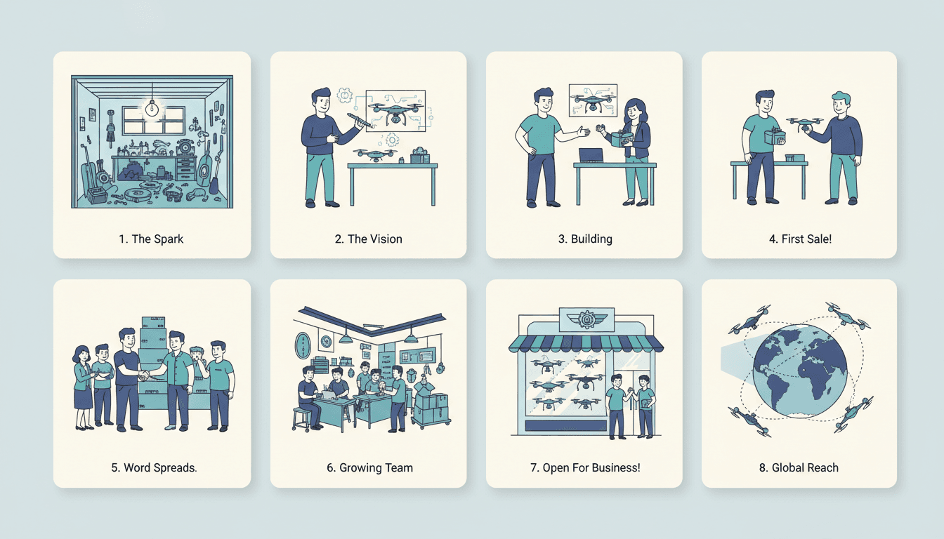 A grid of eight illustrated book pages telling one continuous business origin story — a garage, a first sketch, a first customer, a growing workshop — all drawn in one consistent style