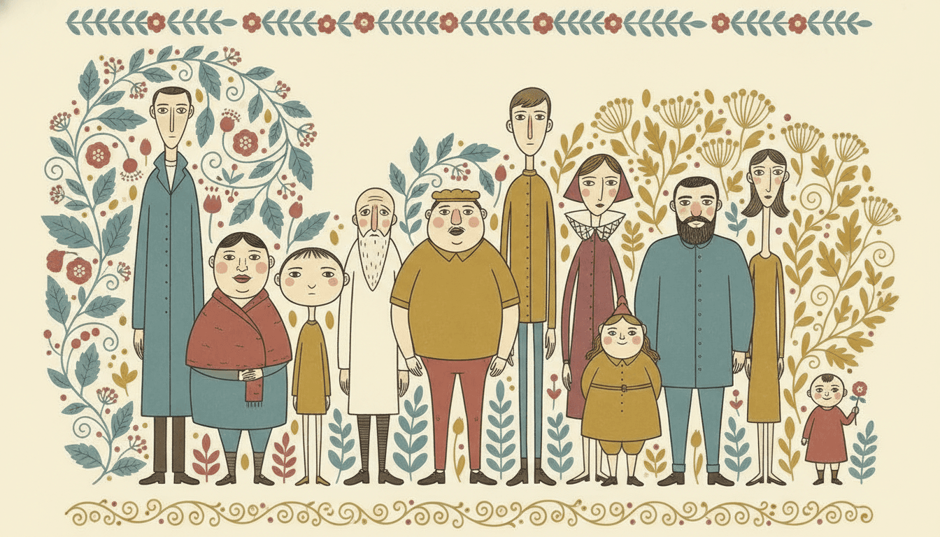 A folk decorative picture book illustration of eleven villagers standing together, every one a different build — a very tall man in a long dusty teal coat, a short round woman in a brick red shawl, a thin child in ochre, a white-bearded elder in cream, a broad heavy man in an ochre shirt, a woman in plum with a white ruffled collar, a bearded man in teal and a tiny toddler holding one red flower — framed by scrolling teal and ochre vines and red folk flowers, with a patterned band of leaves along the top and scrolling tendrils along the bottom
