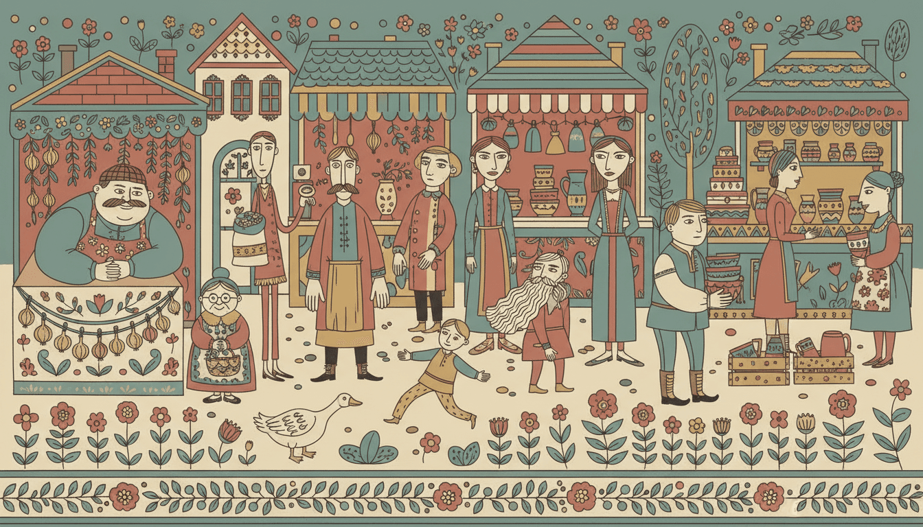 A busy folk decorative village market with a dozen villagers of visibly different builds — a huge wide cheesemonger leaning over his stall, a spindly tall trader, a tiny round grandmother in spectacles holding a basket, a stooping elder with an enormous curling beard, a child running after a goose and women in long teal and brick red coats at a pottery stall — among booths hung with patterned awnings, strings of ochre onions, decorated jugs and bowls, a row of red folk flowers along the ground and a patterned band across the bottom