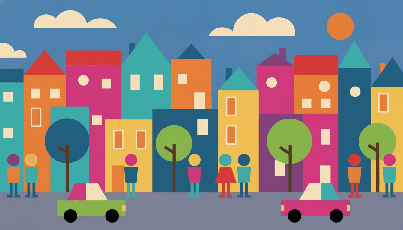 A crowded geometric town built entirely from flat blocks with no outlines anywhere — magenta, orange, teal, mustard and purple rectangle houses with clashing red, teal and blue triangle roofs, cream square and circle windows punched straight into the wall colour, two cars made of flat rectangles with black circle wheels, a row of tiny figures of circle heads and trapezoid bodies, and round green trees of one circle on one brown rectangle, against a flat blue sky with cream clouds and an orange circle sun