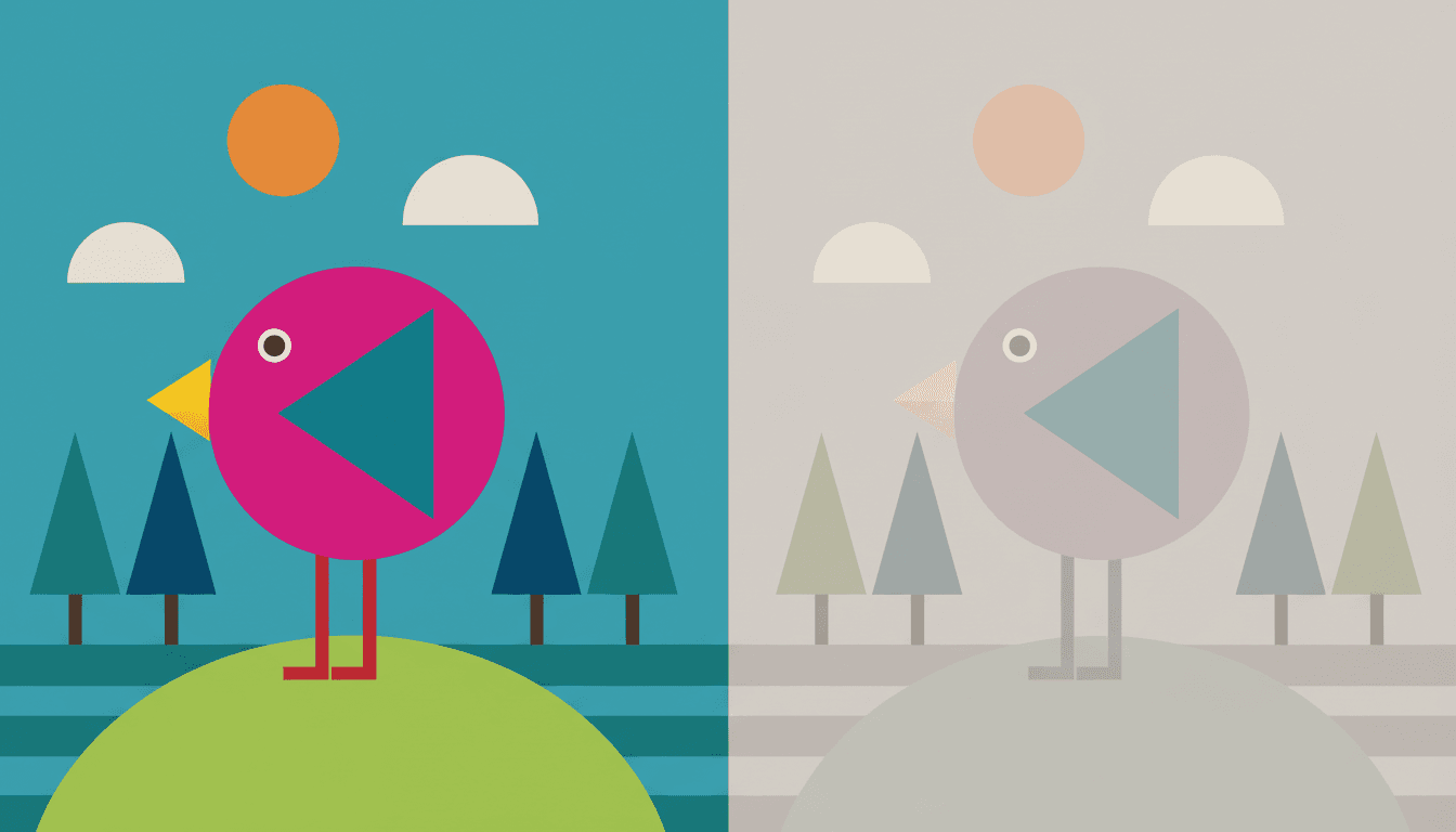 The same geometric bird scene shown twice side by side with no outlines in either half — on the left a hot magenta circle bird with a yellow triangle beak, a teal triangle wing and two thin red rectangle legs standing on a lime half-circle hill against a saturated teal-blue sky with an orange circle sun, cream clouds and teal and navy triangle trees, every shape separating crisply; on the right the identical shapes in muted greyed tones all sitting at nearly the same value, where the bird barely separates from the sky behind it and the trees all but vanish